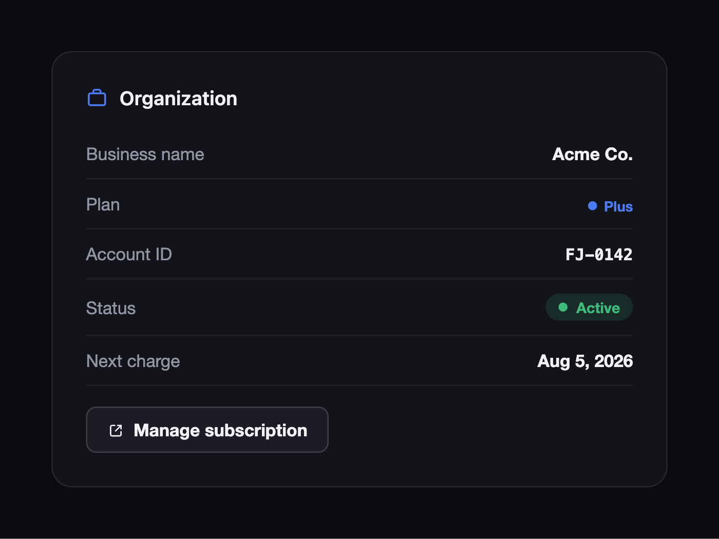 The Organization section in portal Settings, showing your plan and account with the Manage subscription button