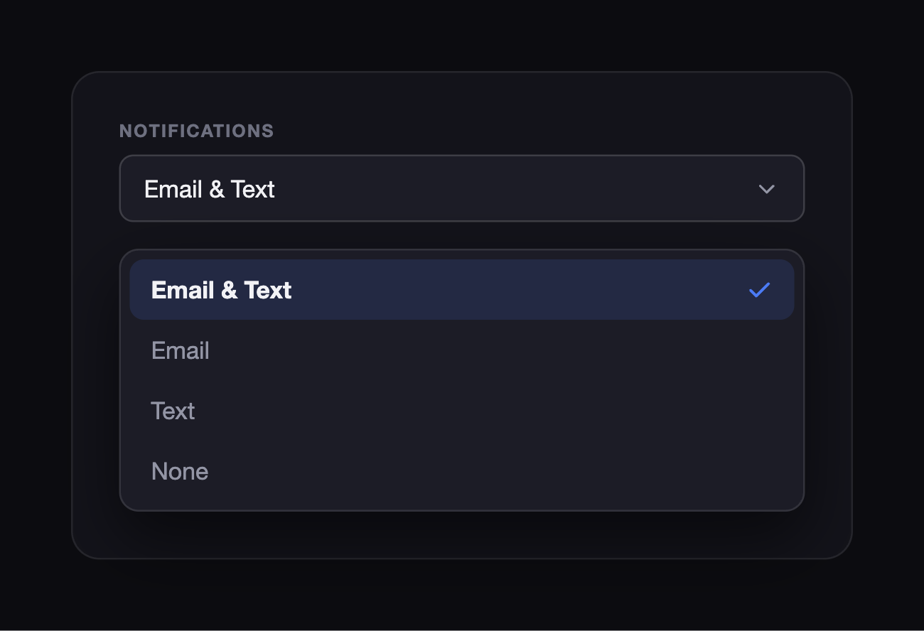 The Notifications field in the request form, set to Email & Text, with the Email & Text, Email, Text, and None options