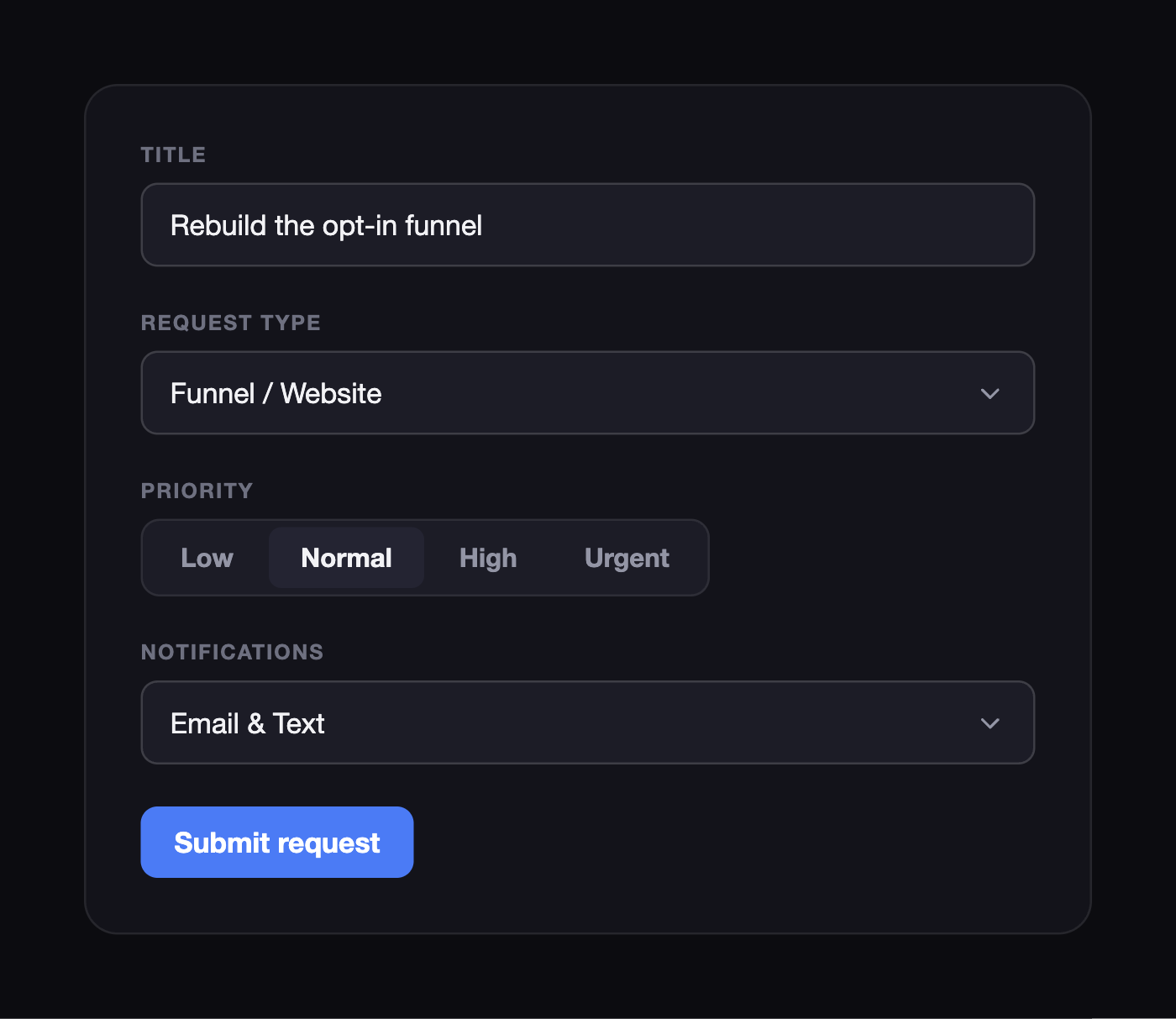 The new-request form in the portal — title, request type, priority, and notification fields